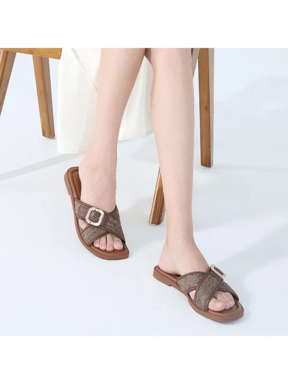 Women's Dark Brown Square Toe Flat Sandals Slides Dressy Comfortable for Beach